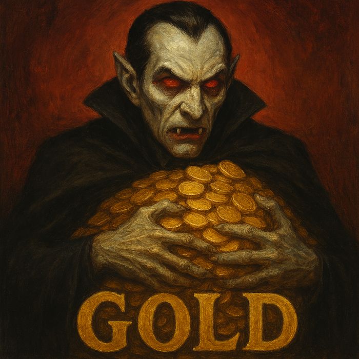Un vampiro abraza un montón de monedas de oro