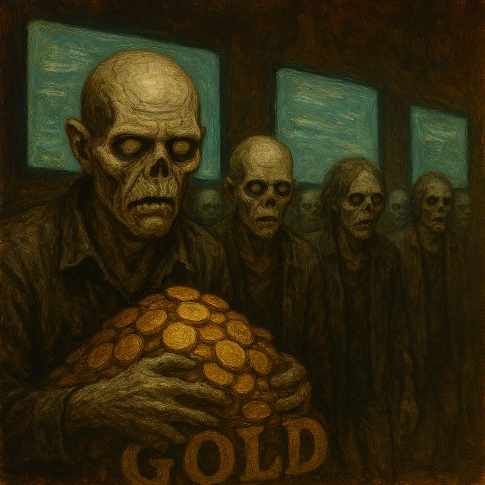 Una fila de zombis frente a pantallas, el primero abraza monedas de oro